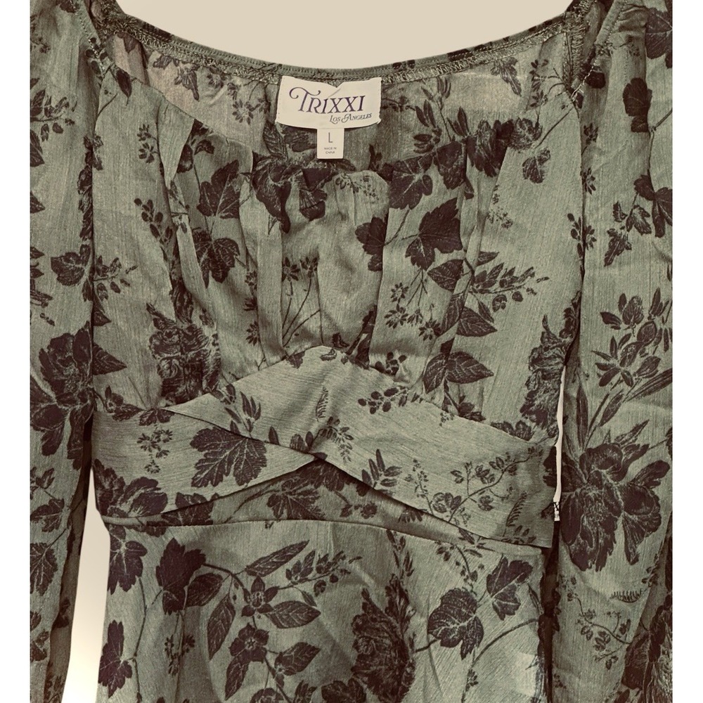 Women's Olive Green Floral Wrap Peplum Blouse L Square Neck Balloon Sleeve Top - Picture 8 of 10